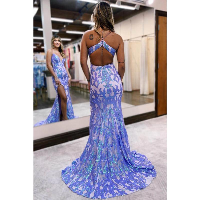 Sexy Plunging V Neck Sequins Appliques Mermaid Prom Dress with Slit
