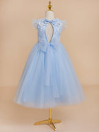 Ball-Gown/Princess Satin Tulle Tea-length Blue Dress (2003225970)