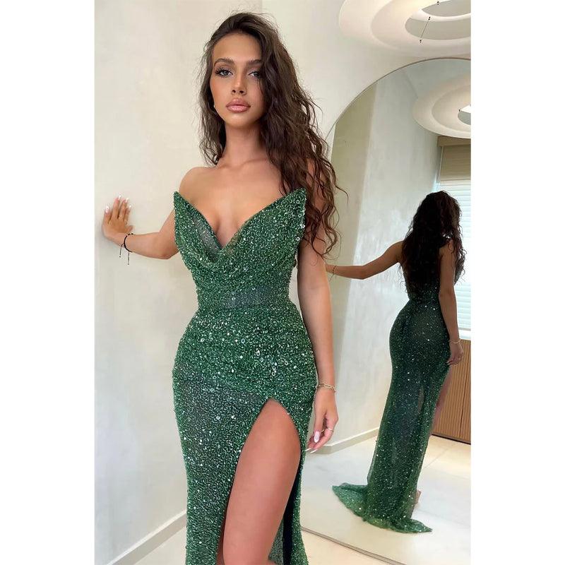 Sexy V Neck Dark Green Mermaid Prom Formal Dress with Slit