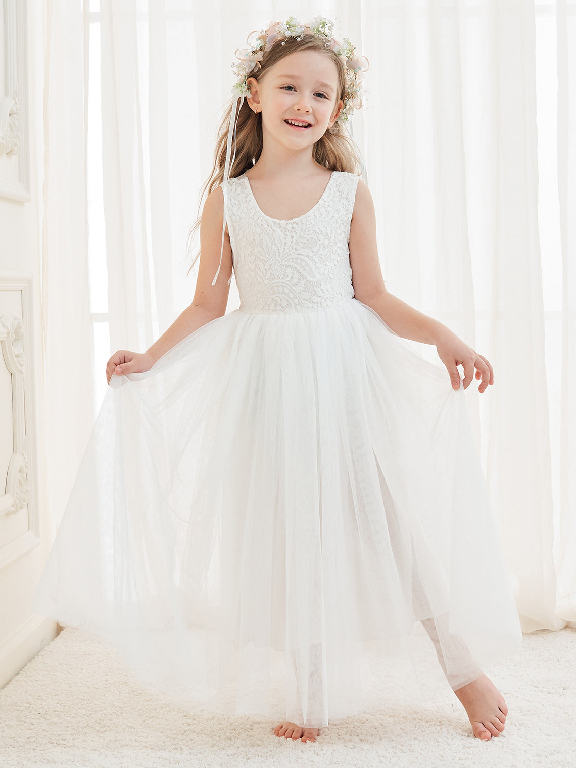 A-line Lace Tulle Ankle-length White Dress (2003227597)