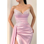 Sexy V-neck Beads High Split Long Formal Evening Gowns