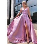Plunging V-neck Pink Elastic Satin Senior Prom Dress with Slit