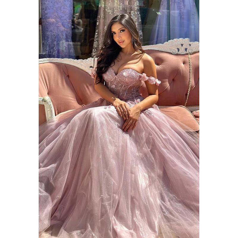 Elegant & Luxurious Appliques A-Line Off-Shoulder Cap Sleeves Tulle Party Prom Dress