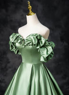 Satin Off Shoulder Long Party Dress A-line Green Prom Dress Quinceanera Dress
