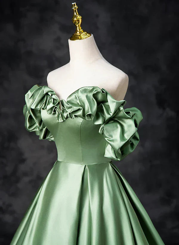 Satin Off Shoulder Long Party Dress A-line Green Prom Dress Quinceanera Dress