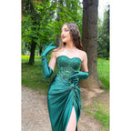 Sweetheart Strapless Beaded Ruched Satin Sheath Long Prom Evening Dress