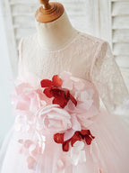 A-line 1/2 Sleeves Lace Tulle Knee-length 3D Flower Girl  Dresses
