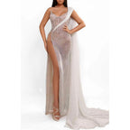 Sheer Fitted One Shoulder with High Slit Party Prom Evening Dress
