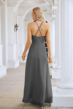 Ladies Chiffon Spaghetti Strap V Neck Front Slit Floor Length Bridesmaid Evening Dress Prom Party Wedding Evening Dress 28116