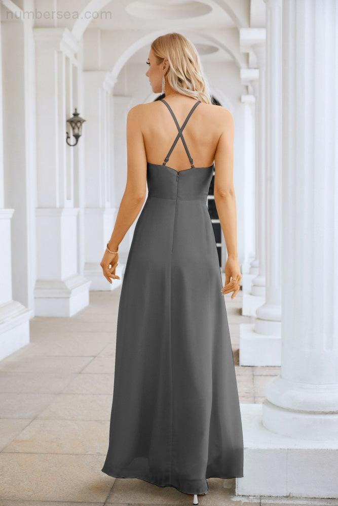 Ladies Chiffon Spaghetti Strap V Neck Front Slit Floor Length Bridesmaid Evening Dress Prom Party Wedding Evening Dress 28116