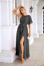 Ladies Chiffon Sleeve Crew Neck Front Slit Floor Length Bridesmaid Evening Dress Wedding Party Evening Dress 28124