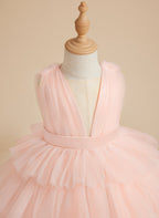 Ball-Gown/Princess Pearl Pink Sleeveless Tulle Bow Flower Girl Dress (010220814)