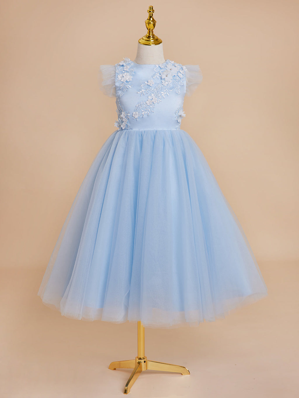Ball-Gown/Princess Satin Tulle Tea-length Blue Dress (2003225970)