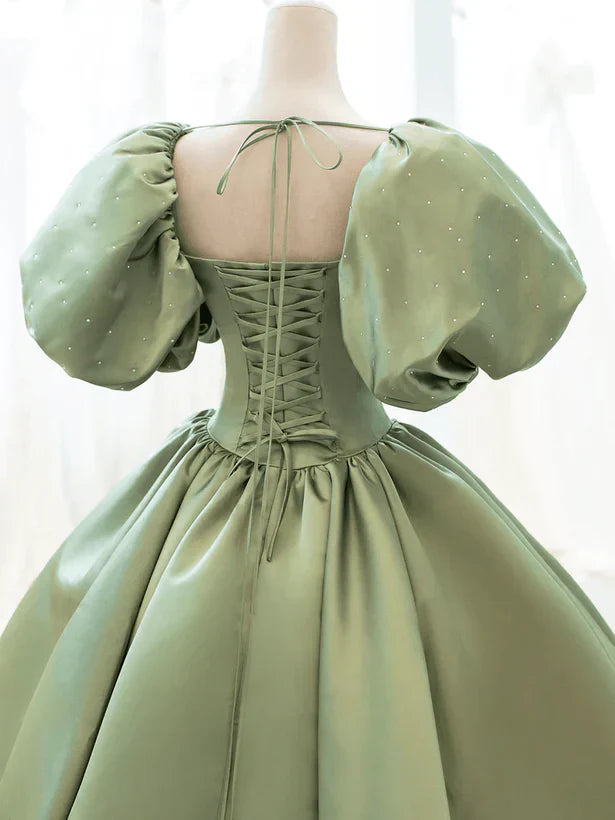 A-Line Princess Satin Puffy Sleeves Long Formal Dress Satin Prom Dress Party Dress