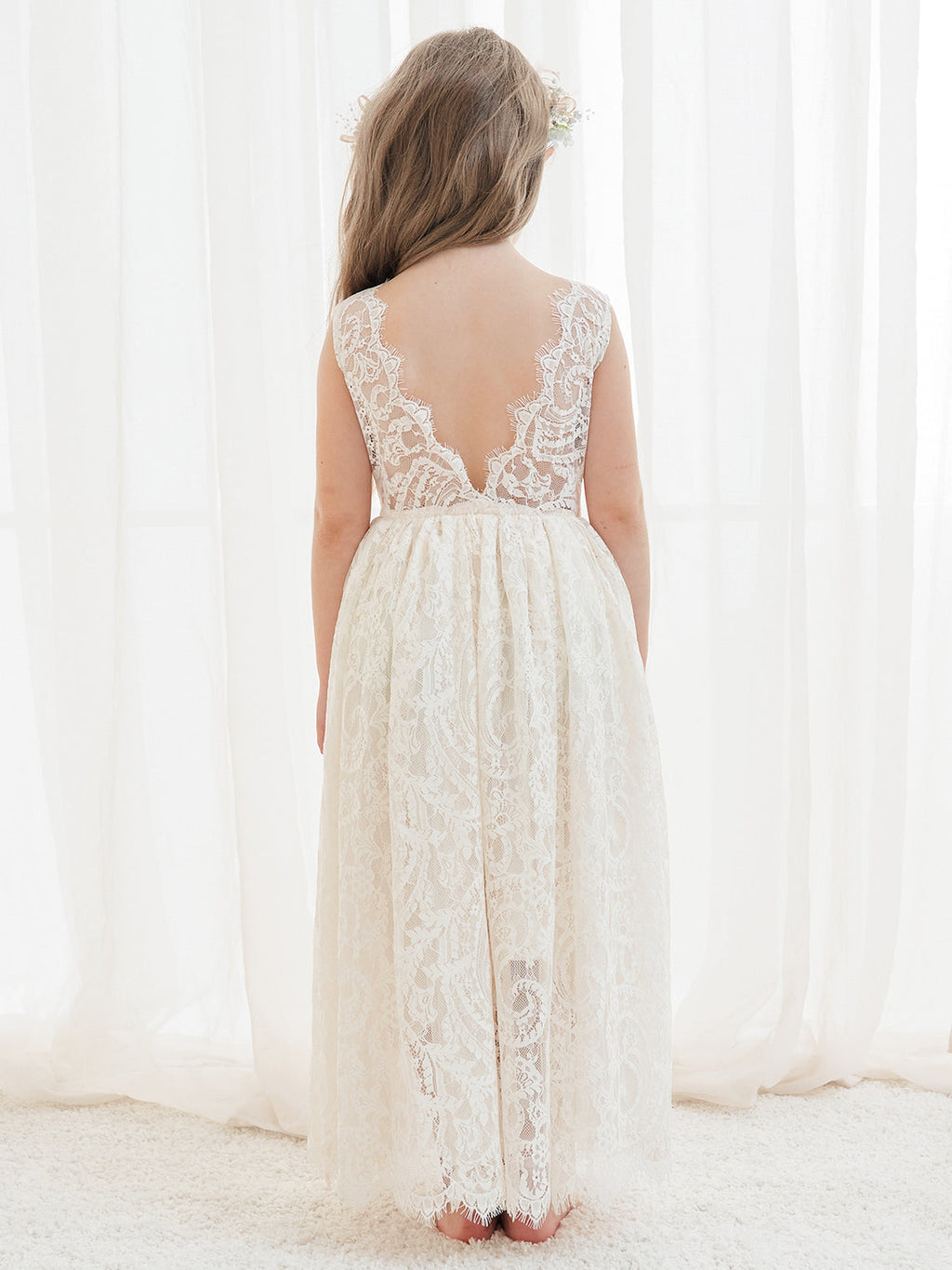 A-line Lace Ankle-length Ivory Boho Flower Girl Dress