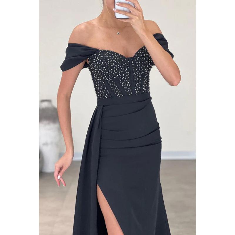 Simple Off-Shoulder Cap Sleeves Slit Rhinestone Beaded Formal Prom Dress