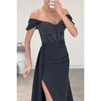 Simple Off-Shoulder Cap Sleeves Slit Rhinestone Beaded Formal Prom Dress