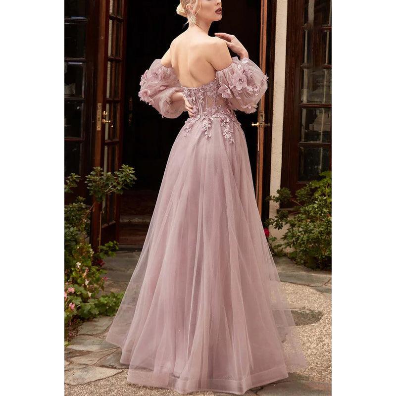 Sweetheart Long Sleeves Floral Appliqued Tulle A-Line Long Prom Evening Dress