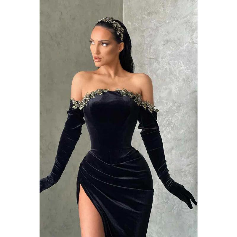 Unique Off Shoulder Beads Long Sleeves Black Velvet Formal Evening Dress with Slit