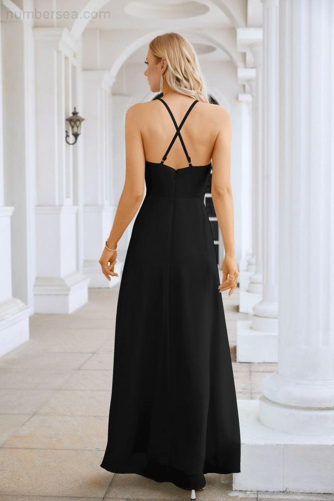 Ladies Chiffon Spaghetti Strap V Neck Front Slit Floor Length Bridesmaid Evening Dress Prom Party Wedding Evening Dress 28116