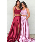Double Straps Lace Top Burgundy Satin Two Piece Prom Dress with Pockets
