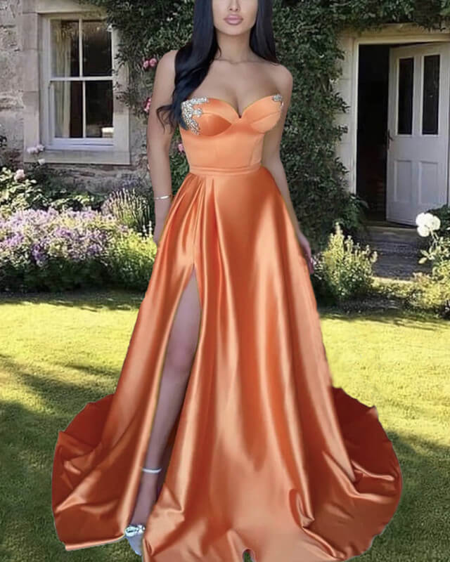 A-Line Long Orange Satin Sweetheart Split Gown Prom Dresses with Sweep Train