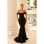 Spaghetti Straps Beads Satin Pleats Mermaid Long Prom Formal Dress