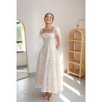Square Neck Cup Sleeves Print Tulle A-Line Tea Lenght Evening Prom Dress