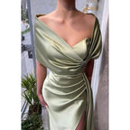 Sheath/Column V-Neck Sleeveless Ruched Satin Prom Evening Formal Dress
