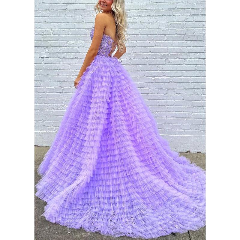 Sweetheart Strapless Tulle A-line Appliques with Side Slit Party Prom Evening Dress