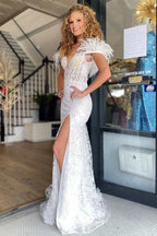Mermaid Feather Off the Shoulder Lace Prom Dress