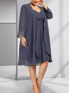 Sheath/Column Sweetheart Knee-Length Chiffon Mother of the Bride Dress With Beading Appliques Lace Sequins Pleated