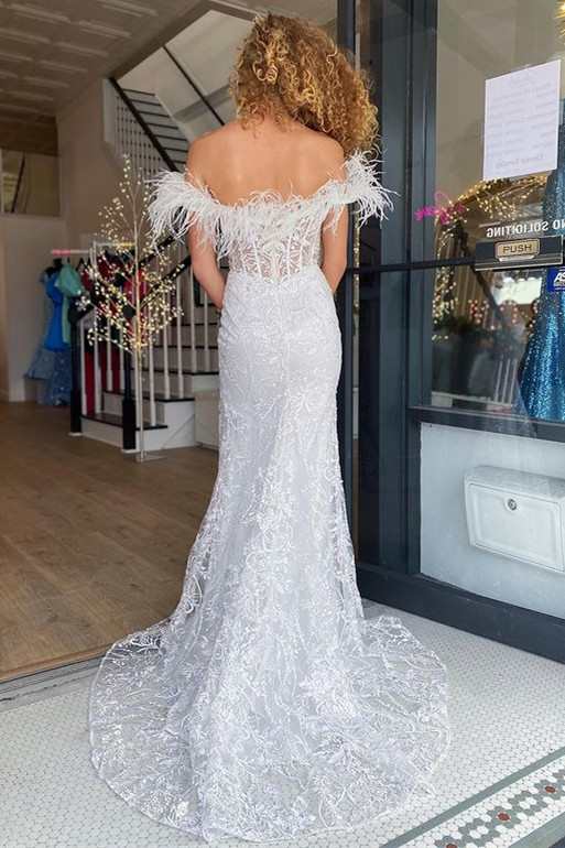 Mermaid Feather Off the Shoulder Lace Prom Dress