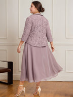 A-line Scoop Tea-Length Lace Chiffon Mother of the Bride Dress