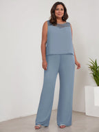 Chiffon Scoop Long Sleeves Mother Of The Bride Pantsuits With Jacket