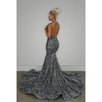 V-Neck Halter Backless Sequins Mermaid Long Prom Evening Dress With Sweep Train