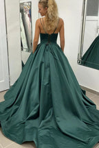 A Line Spaghetti Straps Dark Green Prom Dress with Sweep Train