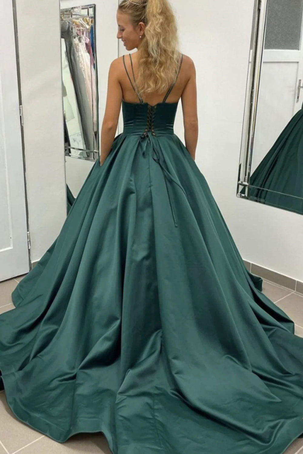 A Line Spaghetti Straps Dark Green Prom Dress with Sweep Train