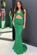 Mermaid Halter Green Sequins Long Prom Dress with Cut Out