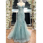 Tulle V-neck Spaghetti Straps Lace Applique with Tulle Train Formal Dress