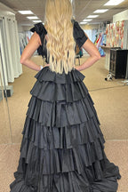 Princess A Line Deep V Neck Long Prom Dress with Ruffles