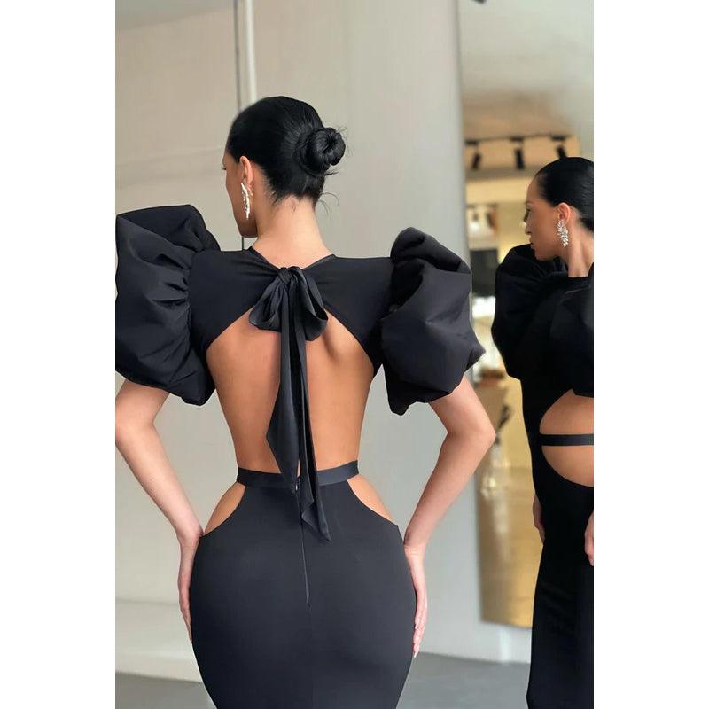 Round Neck Cut Outs Sheath Long Prom Evening Gown With Puff Sleeves