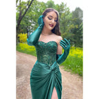 Sweetheart Strapless Beaded Ruched Satin Sheath Long Prom Evening Dress