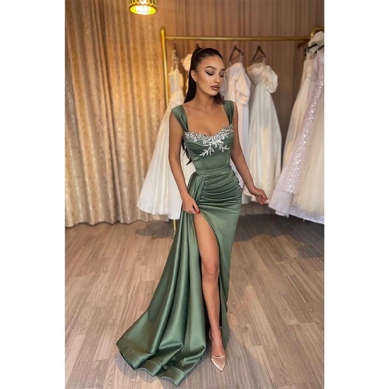 Sheath Double Straps Beads Long Prom Formal Dress