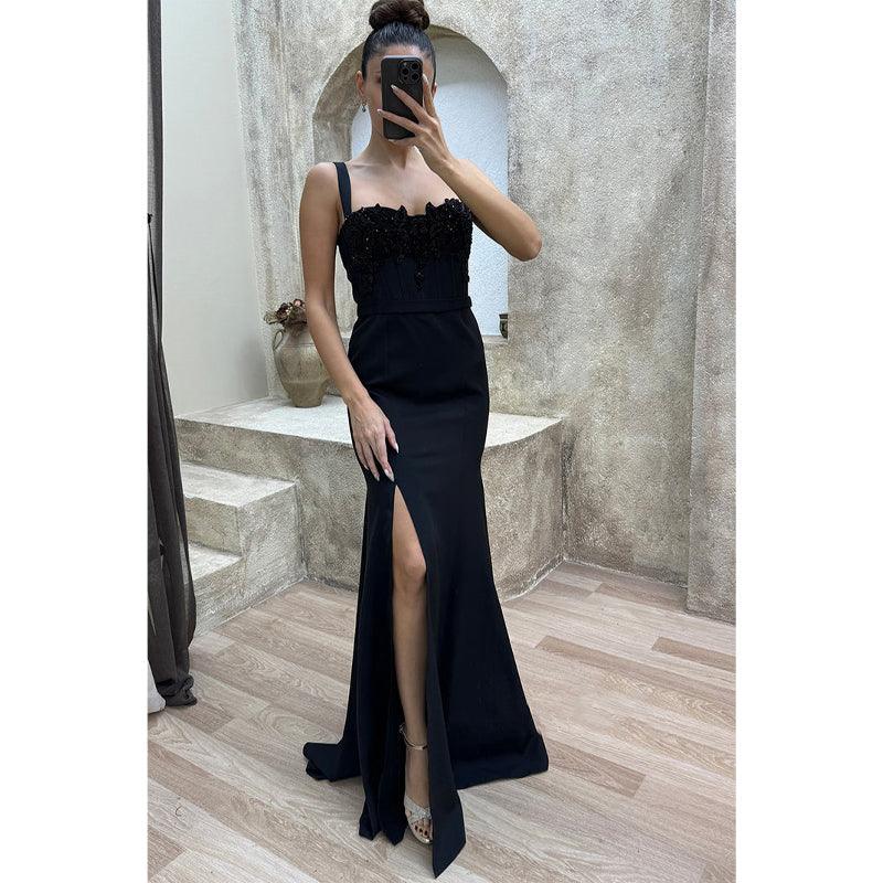 Sheath Straps Beaded Long Prom Dress with Split Evening Gowns