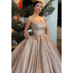 Strapless Gold Tulle Sparkly Prom Ball Gown