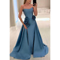 Satin A-line Sweetheart Floral Embossed with Slit Party Prom Evening Dress