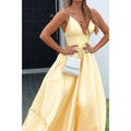 Plunging V-neck Yellow Satin Prom Dress with Pockets
