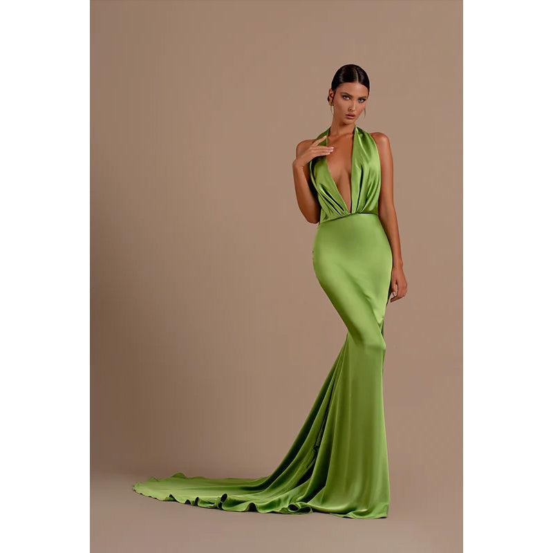 Sexy Halter Low V Neck Ruched Satin Mermaid Long Evening Dress
