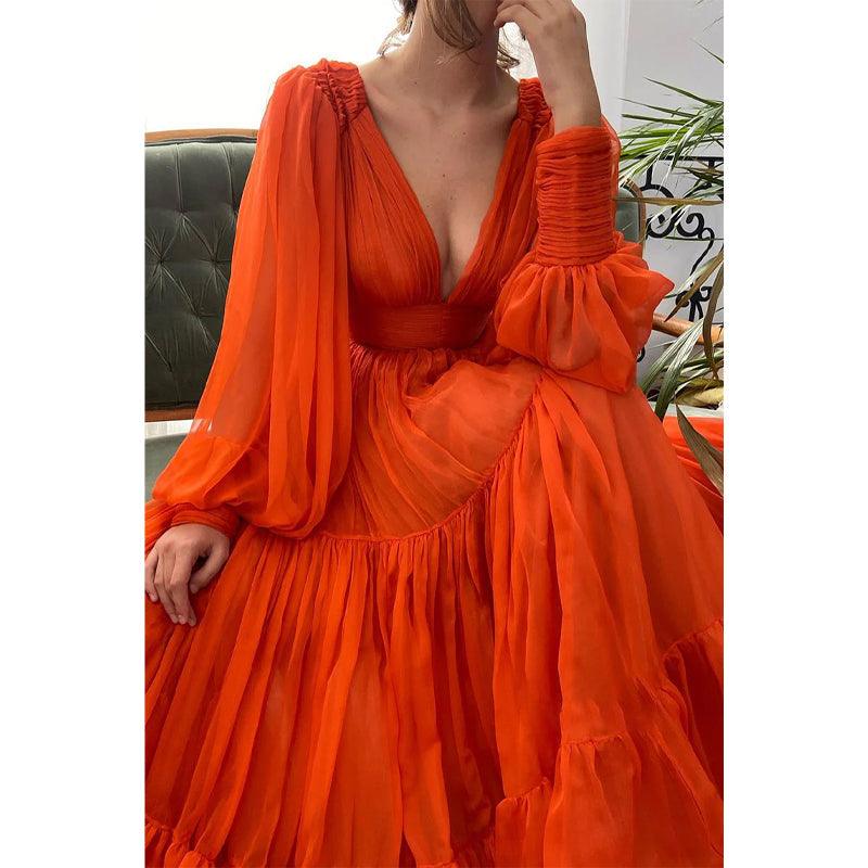 Sexy Deep V-neck Orange Tulle Long Sleeves A-line Formal Evening Dress
